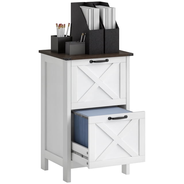 HOMCOM Classeur avec 2 Tiroirs, Armoire de Classement pour Formats A4 et Lettre, Fini Blanc Vieilli. design Rustique de Porte de Grange Style Ferme avec accents Métalliques Noirs, Rehausse la Déco du Mobilier de Bureau. Deux Tiroirs Spacieux avec Barres Ajustables Accueillent des Dossiers Format A4 Ou Lettre, Idéal pour Organiser des documents et des Fournitures. surface Supérieure Montrée avec des Organisateurs de Dossiers et des Accessoires de Bureau.