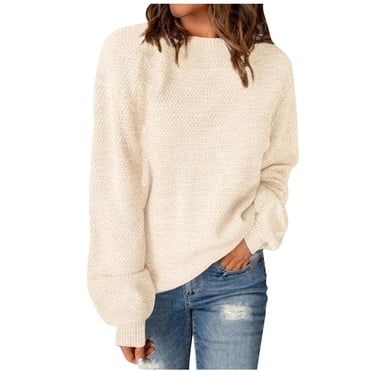 Pisexur Chandail à Col Rond Surdimensionné pour Femme, Uni, Manches Chauve-Souris Bouffantes à Revers, Chandail Tricoté, Haut à Manches Longues, Chandail Ample d'Automne, Chandail, Jumper, Hauts