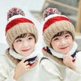 thumbnail image 3 of MesaSe 2 Pcs/Set Kids Winter Hat Scarf Set Plush Knitting No Brim Fur Ball Decoration Contrasting Color Cold-proof Thick Neck Protection Baby Bonnet Scarf Set for Daily Wear, 3 of 10
