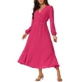 thumbnail image 4 of INSPIRE CHIC Robe Plissée pour Femme Manches Longues Bouffantes Col en V Robe avec Ceinture à la Taille G Rose Vif, 4 of 7