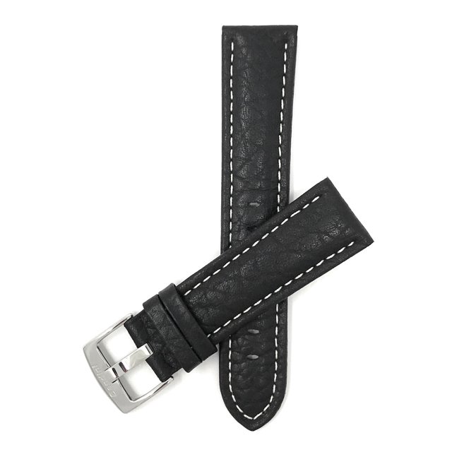 30mm Classic Leather Buffalo Pattern Watch Strap Band, White Stitching, Stainless Steel Buckle