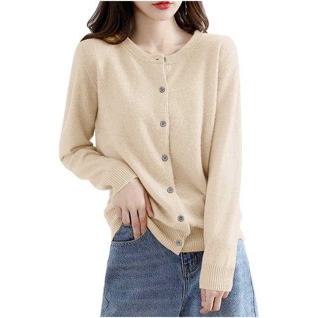 Womens Lightweight Knit Cardigan in beige, size L, with long sleeves, button-down closure, and a crew neck. Made from soft, lightweight material, it is perfect for fall and transitional seasons. Styled with blue jeans, it pairs well with tank tops, dresses, or skirts for versatile casual or business casual outfits.