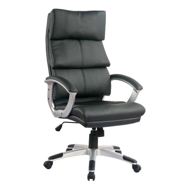 TygerClaw Executive High Back PU Leather Office Chair with black segmented padded backrest and seat upholstered in smooth PU leather, silver curved armrests with black polypropylene padding, pneumatic height adjustment, and five-star silver nylon base with dual-wheel casters for 360-degree swivel, providing ergonomic lumbar support ideal for office or workstation use.