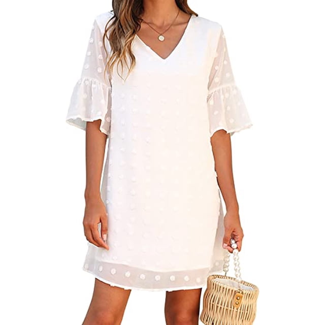 Robe Blanche pour Femme à Manches Courtes, Encolure en V et Détails à Volants. Fabriquée en Mousseline Légère à Coupe Fluide, avec Manches Transparentes et Ornements Tricotés à Pompons. La Robe a un Ourlet Droit et une Douce Doublure Superposée pour Plus de Confort et de Discrétion. Convient aux occasions de Printemps et d'Été comme les Douches Nuptiales, le brunch Ou la Photographie de Plage.