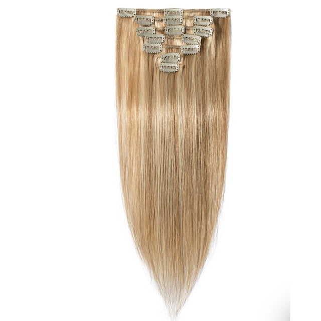 Extensions de Cheveux Humains 100 % Remy à Clip, Cheveux Humains Lisses et Soyeux, 7 Pcs 15 clips
