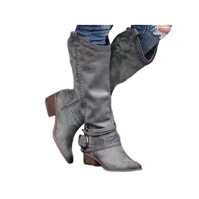 Woobling Ladies Comfort Pull On Shoe Walking Retro Western Cowgirl Non Slip Riding Boots Gray 7.5