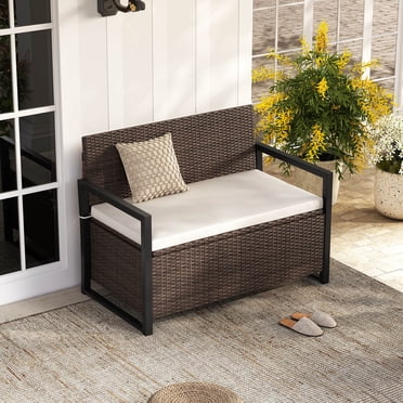 Costway Banc de Rangement pour Patio en Osier Causeuse avec Rangement Intégré et Long Coussin de Siège Brun