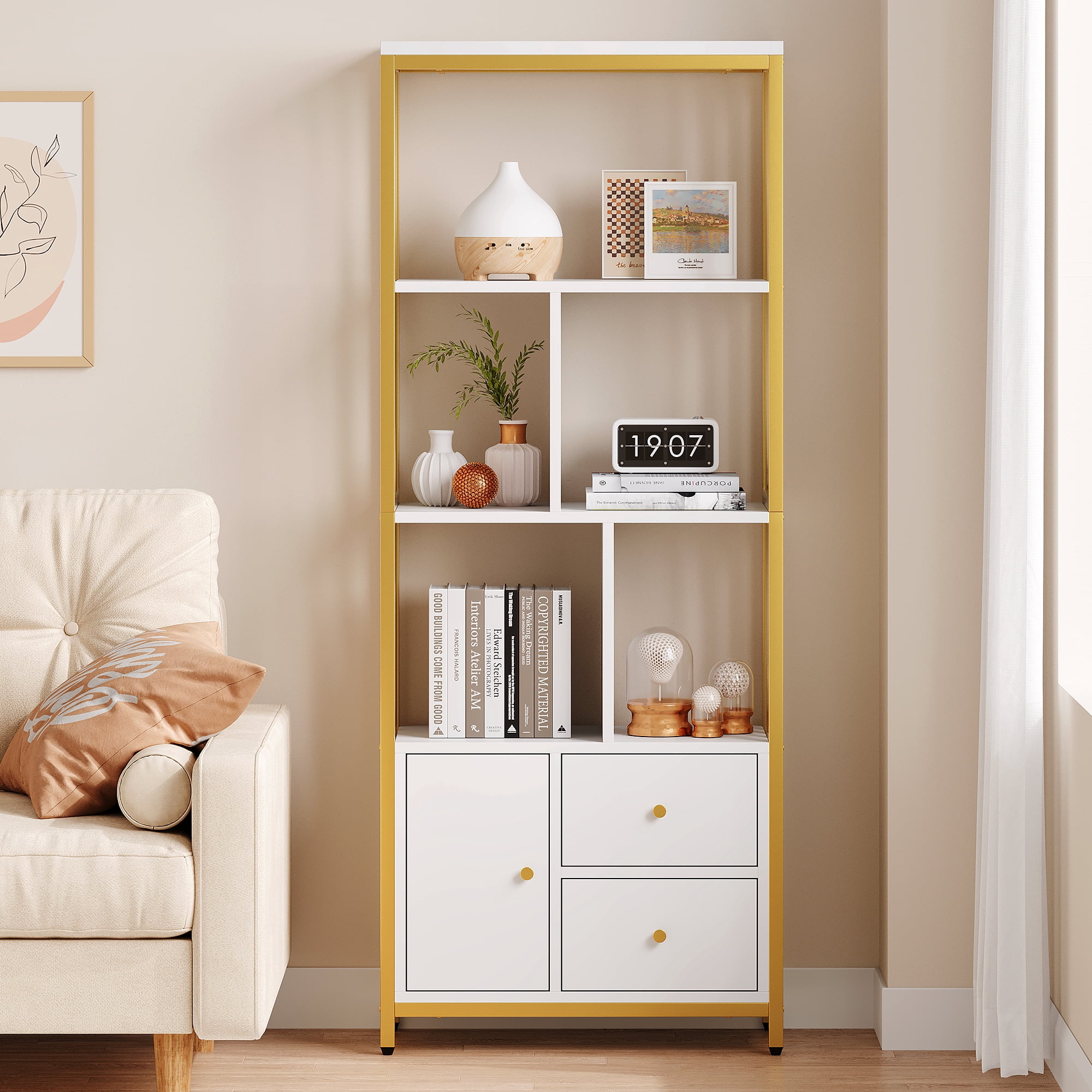 Bookshelf with Drawers, Modern Bookcase Storage Rack Shelf Tall Standing Bookshelves with Metal Frame, Large Gold Display Racks Book Shelf for Bedroom, Living Room, Home Office