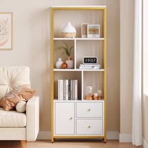Bibliothèque avec tiroirs, étagère de rangement de bibliothèque moderne Étagères de grand montant avec cadre en métal, grandes racks d'affichage en or Étagère de livre pour chambre, salon, bureau à la maison
