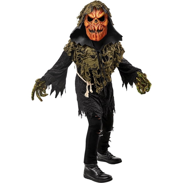 Pumpkin Ghoul Boy's Costume includes a black hooded tunic with a tattered olive-green overlay, rope belt, green clawed gloves, and black distressed pants, ideal for Halloween costume parties and dress-up events.