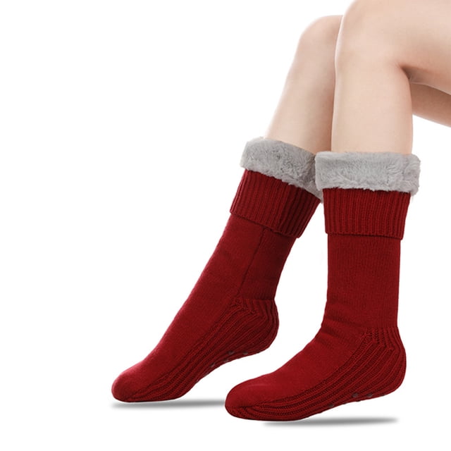 Slipper Socks, Winter Warm Fuzzy Sherpa Socks, Non Slip Socks with Grips for Women