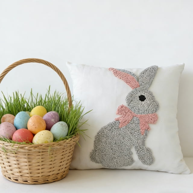 Weloille Easter Pillow Cover, Embroidered Rabbit Pattern Throw Pillowcase, Soft Breathable Linen Cushion Cover, Decorative Pillow Case for Sofa, Bedroom, Living Room Easter Decor