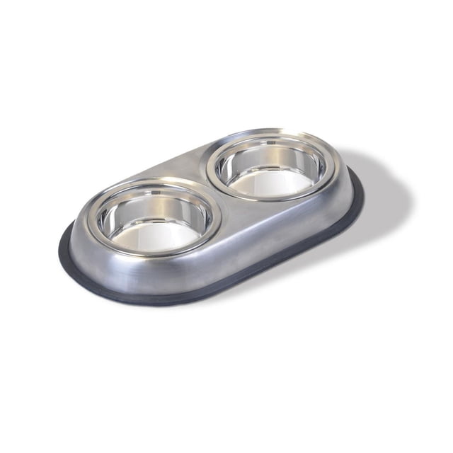 Van Ness Stainless Steel Non-Skid Double Dish .47L with two polished stainless steel bowls in a brushed stainless steel frame and black rubber non-skid base, measuring 20 cm by 32.3 cm, designed for small dogs and cats to hold food and water separately, also suitable for wet and dry food separation.