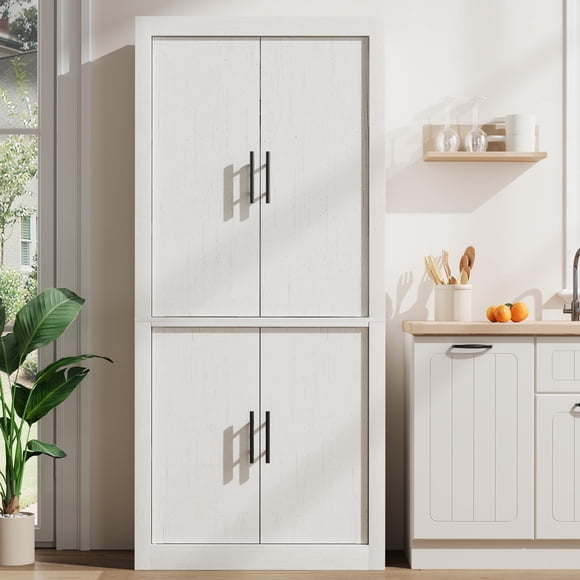 70 inch Tall Kitchen Pantry Cabinet with Glass and Wood Doors, Farmhouse Storage Cupboard with Adjustable Shelves, for Dining Living Room, Antique White/Brown