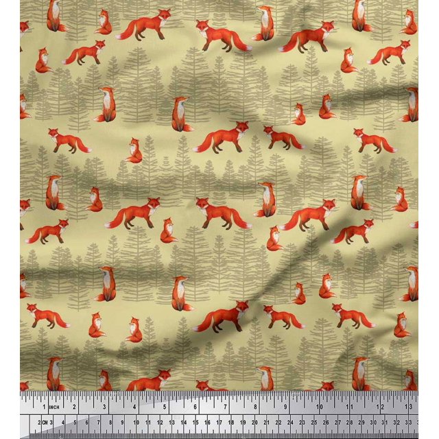 Soimoi Beige Cotton Poplin Fabric Cedar Tree & Fox Animal Printed Fabric 1 Yard 42 Inch Wide