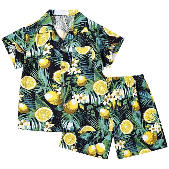 Nwiuh Boys Hawaiian Shirt and Short Set Beach Shirts for Kids Printed Casual Outfit 2 Piece with Pocket 2-13 Years (Yellow, 2-3 Years)