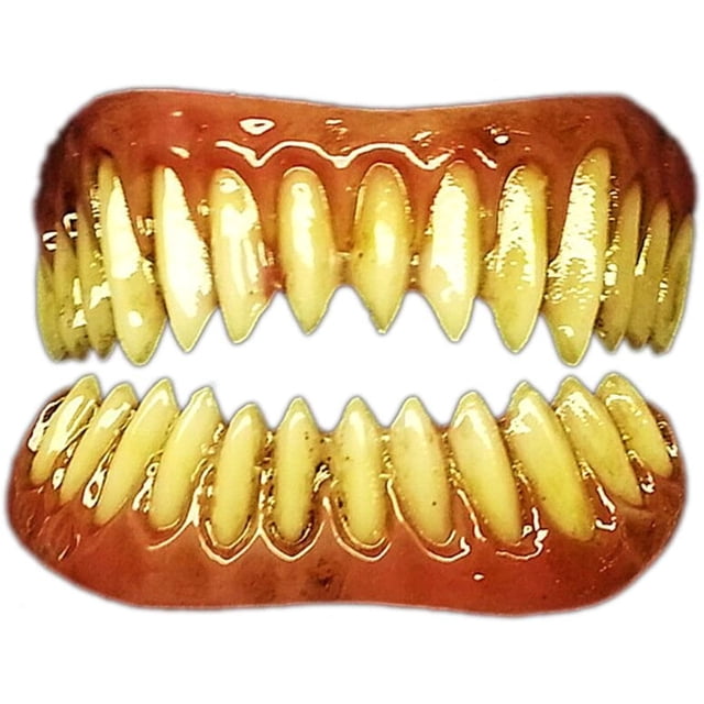 Raptor FX Fangs 2.0 Evil Teeth Dental Veneer in a light stain finish, designed for adults. The image shows a set of ultra-realistic top and bottom fake teeth veneers with sharp, pointed edges and a glossy gum-like base. These Halloween prosthetics are made from high-quality dental materials and include a low-melt thermoplastic for a custom fit. Suitable for costume use, they cover only the front of the teeth and are not compatible with braces.