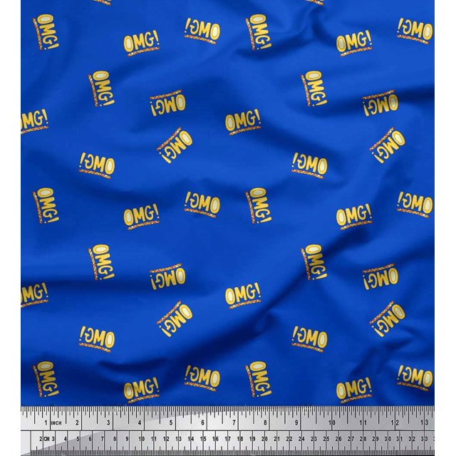 Soimoi Blue polyester Crepe Fabric OMG Text Fabric Prints By Yard 52 Inch Wide