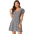 thumbnail image 1 of INSPIRE CHIC Robe Imprimée pour Femme à Encolure Carrée, Manches Volantées, devant Plissé, Bleu Foncé, m, 1 of 6