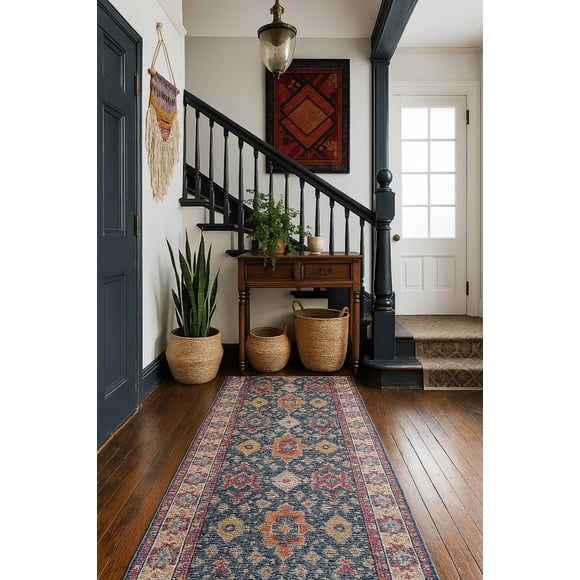 Rug Branch Noor 2' x 8' (2'3" x 8') Blue/Beige Moroccan Medallion Indoor Runner Rug, Traditional, Medium Pile, Stain-Resistant Hallway Carpet - Entryway, Mudroom, Bedroom, and Kitchen