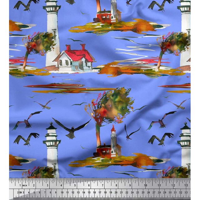 Soimoi Rayon Fabric Lighthouse,Bird & Tree Nature Print Sewing Fabric Yard 42 Inch Wide