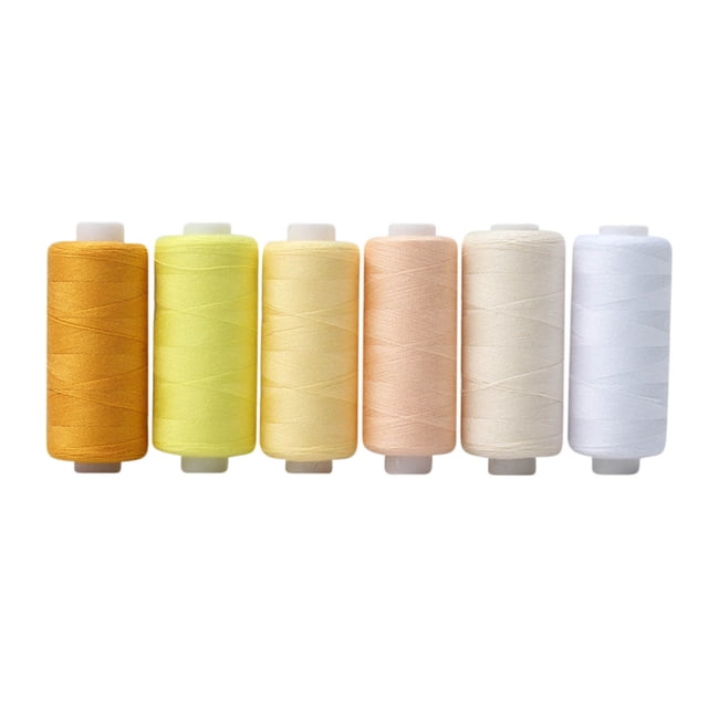 Meitianfacai Sewing Thread 36 Colors Sewing Industrial Machine And Hand Stitching Cotton Sewing Thread (6 Color/pack) with six spools of polyester fiber thread in shades of yellow, beige, and white. Each spool holds 400 yards of durable thread ideal for sewing notions, machine stitching, hand sewing, embroidery, and other sewing accessories.
