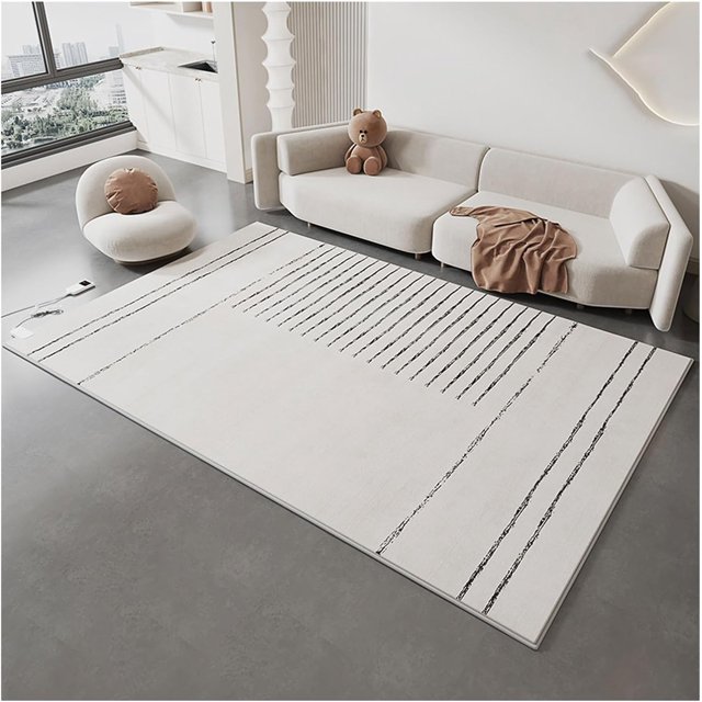 ORUYROP Modern Heated Floor Mat Area Rug with subtle linear patterns, measuring 80x160cm. This electrically heated mat is made from PVC heat-conductive floor leather and features graphene carbon crystal heating for quiet, energy-efficient warmth. Ideal for cold floors in basements, bathrooms, offices, and living spaces. Shown in a modern living room with a white sofa and accent chair.
