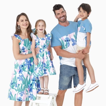 Disney Stitch Family Matching Floral Plant Print Tee/Ruffle-sleeve Dress
