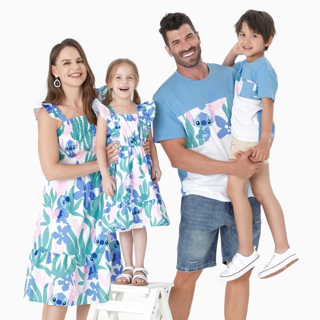 Disney Stitch Family Matching Floral Plant Print Tee/Ruffle-sleeve Dress