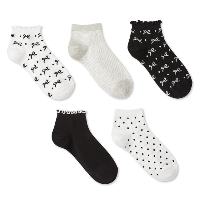George Women's Anklet Socks 5-Pack featuring assorted ankle-length socks in black, white, and grey with bow and polka dot patterns, ribbed cuffs with lettuce edges, made from soft cotton-blend fabric, suitable for casual wear with sneakers or low-cut shoes.