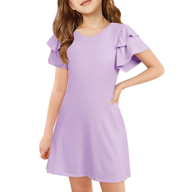 Robes d'Été pour Préadolescente, Robe Trapèze à Volants Évasée pour Fille, Robe à Manches Courtes Violette pour Filles, Robe de Princesse pour Fille