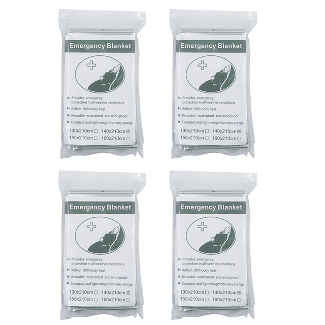 4X Rescue Emergency Blanket Space Thermal Survival Blanket Warm Blanket Thermal Insulation Sleeping Blanket measuring 140x210cm. The image shows four silver emergency blankets individually packaged in clear plastic with labels indicating their features, such as heat retention, waterproofing, and compact design. Ideal for outdoor activities like camping, hiking, or emergency preparedness.