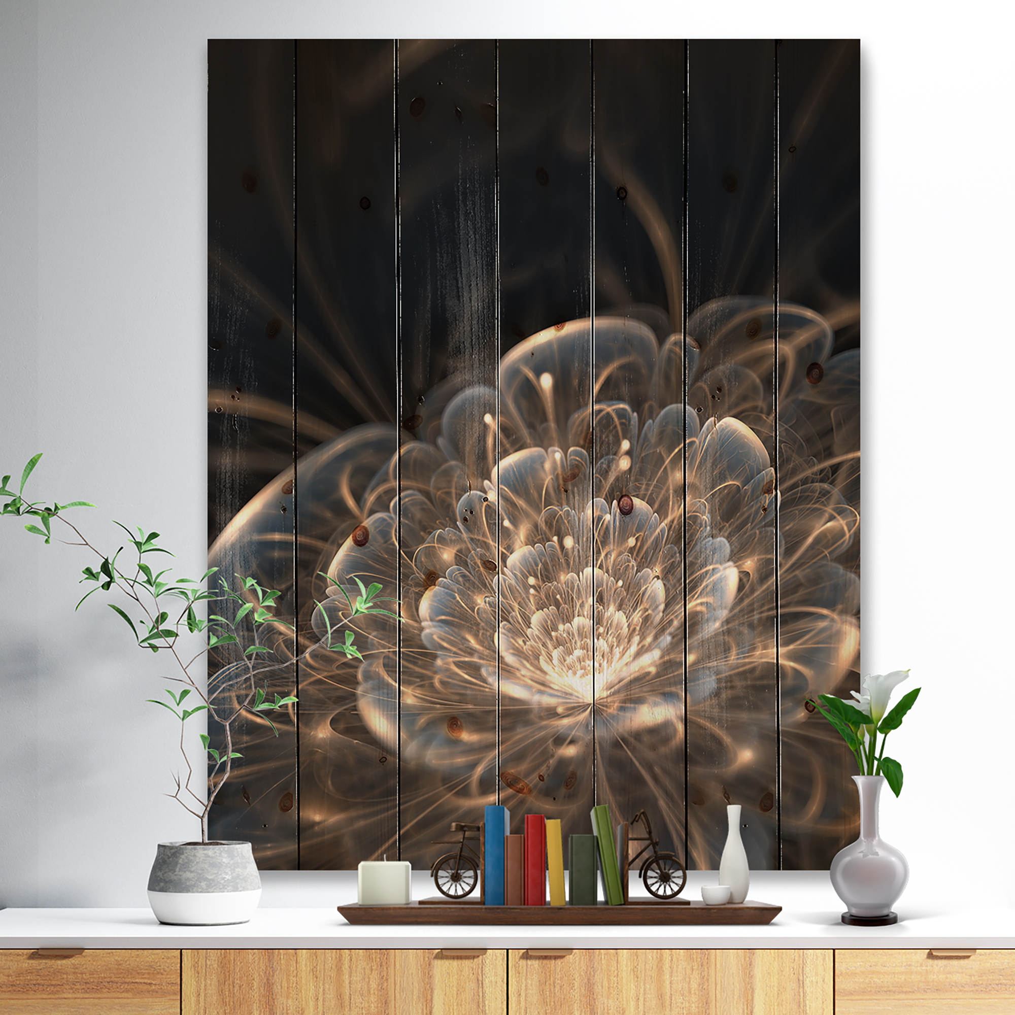 Tableau à toile imprimée florale Design Art Fleur fractale et rayons dorés