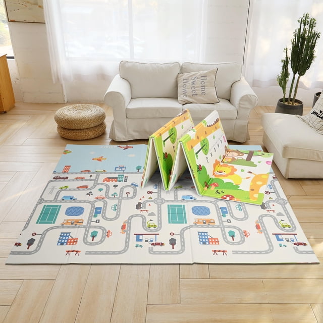 Baby Playmat, 79" x 71" double-sided reversible foldable play mat made of waterproof foam, shown in a bright living room setting. The mat features a colourful urban traffic road map design on one side and a playful forest animal pattern on the other. Made from 100% BPA-free XPE material, it is soft, non-toxic, and easy to clean. The foldable design allows for compact storage, and the large size provides ample space for babies over 6 months to crawl and play.