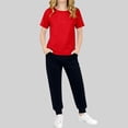 thumbnail image 3 of Qtocio Big Girls 2 Piece Outfits Solid Color Short Sleeve Tee Tops and Long Pants Casual Daily Style Lightweight Soft Summer Matching Set for Kids, 3 of 5