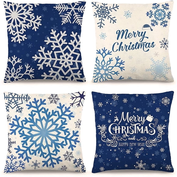 Blue Christmas Decorations Blue Christmas Pillow Covers 18×18 Inches Set of 4 Snowflake Merry Christmas Pillow Cases Cotton Linen Christmas Decorative Pillowcases Sofa Cover