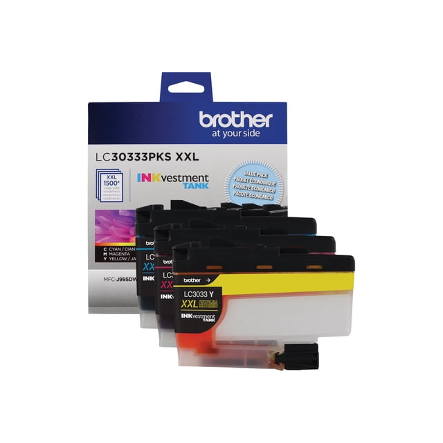 Brother LC30333PKS Original Ink Cartridge 3-pack including Magenta, Yellow, and Cyan super high-yield INKvestment Tank cartridges with up to 1,500-page yield each, shown with retail packaging and cartridges aligned front to back.