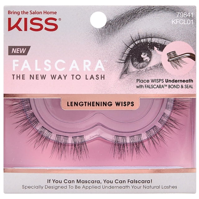 Kiss Falscara Eyelash - Wisps 01 lengthening wisps false eyelashes with a microband designed to be applied underneath natural lashes for a natural look, shown in pink and beige packaging with branding and application instructions, suitable for enhancing eye makeup and eyelash extensions.