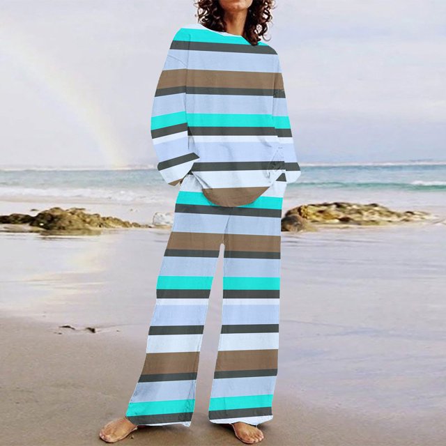 TIMIFIS Ensembles de Détente à Rayures pour Femmes 2 Pcs Décontractés Amples Col Ras du Cou Haut à Manches Longues et Pantalons Longs Tenues