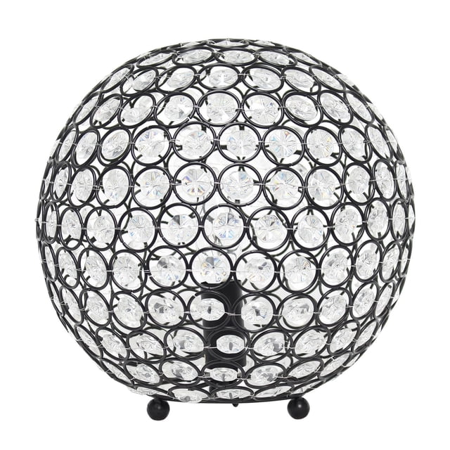 Elegant Designs Elipse 10 Inch Crystal Ball Sequin Table Lamp with a 10-inch diameter spherical frame of clear crystal discs set in black steel rings, supported by three black ball feet, suitable for elegant ambient lighting and decorative shadow effects in living spaces.
