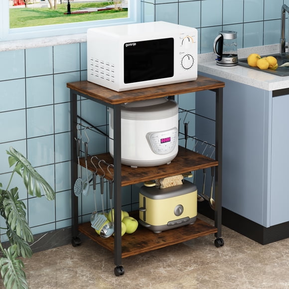 Ktaxon 3 Tier Mobile Kitchen Cart Microwave Oven Stand, Rolling Kitchen Island Bakers Rack Kitchen Utility Storage Serving Cart with 10 Hooks, Vintage/Black