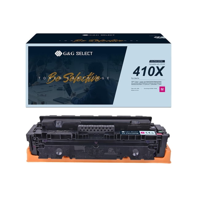 G&G Select HP CF413X Remanufactured Magenta Toner Cartridge with packaging box showing compatibility with HP Color LaserJet M452 and M477 series printers, featuring a high-yield 410X magenta cartridge with an orange protective base, ideal for reliable printer toner supplies.