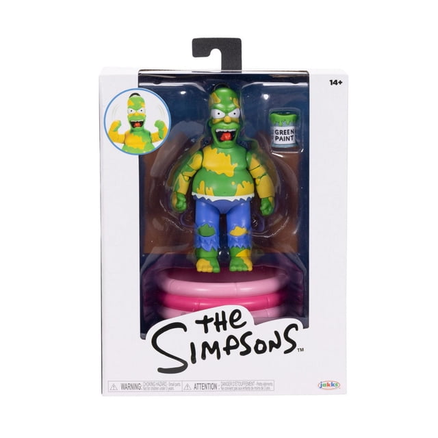 The Simpsons 5" Premium Figure - Furious Homer action figure in packaging, showing Homer covered in green paint with 15 points of articulation, standing on a pink kiddie pool base, including a green paint can accessory, officially licensed collectible by JAKKS Pacific for ages 14+.