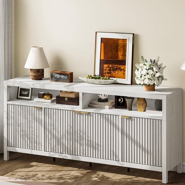 Kojooin Armoire de Rangement Cannelée 65,8 Pouces Réglable à 3 Niveaux, Organisateur d'Entrée Moderne avec Portes Cannelées et Poignée Dorée, Conception Imperméable pour Cuisine, Salle à Manger et Bureau à Domicile