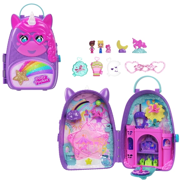 Polly Pocket Unicorn Travel Backpack Playset with 2 Micro Dolls & Fantasy Accessories, On-the-Go Play