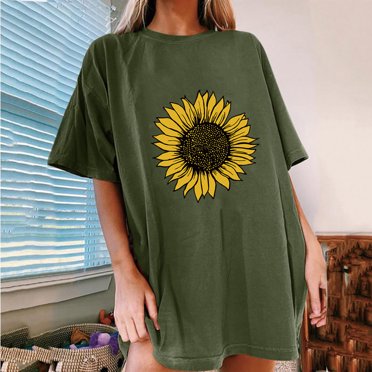 CEHVOM Women Sunflower Printing O-Neck Loose Short Sleeve T-shirt Top Blouse Pullover