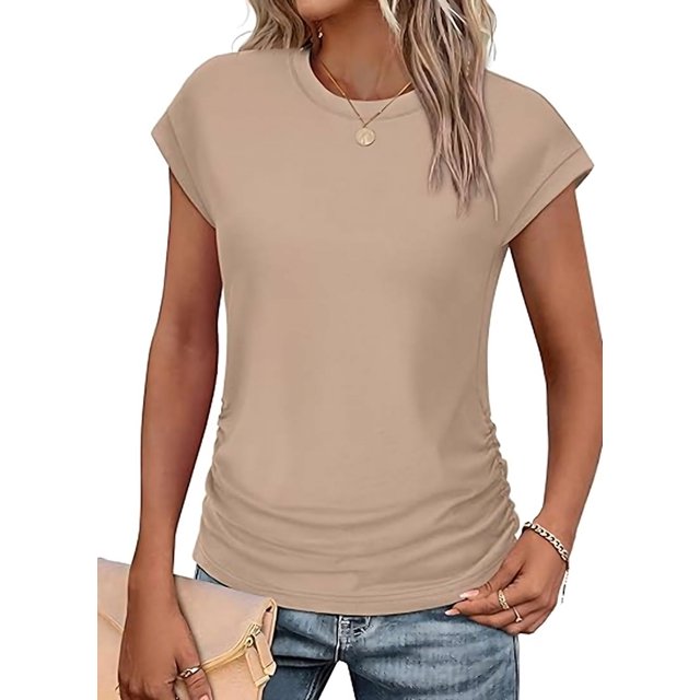 T-shirts d'Été pour Femmes Froncés à Manches Courtes Style Cap, T-Shirts à Col Rond, Mode Kaki TG