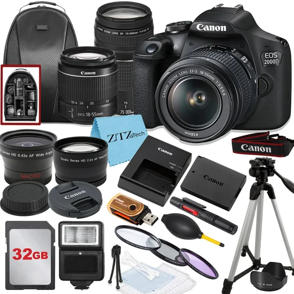 Canon EOS 2000D / Rebel T7 DSLR Camera with 18-55mm, 75-300mm Lens, 32GB Memory, Tripod, Backpack and ZeeTech Bundle