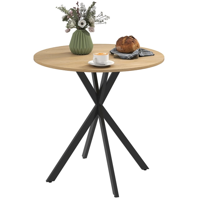 HOMCOM Table à Manger Ronde avec Plateau en Chêne Blanc de 31,5 Pouces et Pattes en Acier Croisées Noires. le design compact Assoit de Deux à Quatre Personnes, Idéal pour les Petits Espaces. les Caractéristiques Incluent une construction en Panneau de Particules et en Acier Enduit de Poudre, des Patins de Pieds Ajustables pour la Stabilité, et un style Industriel Moderne. Présenté avec des Articles Décoratifs Incluant un vase Vert, du Pain et une Tasse à Café.