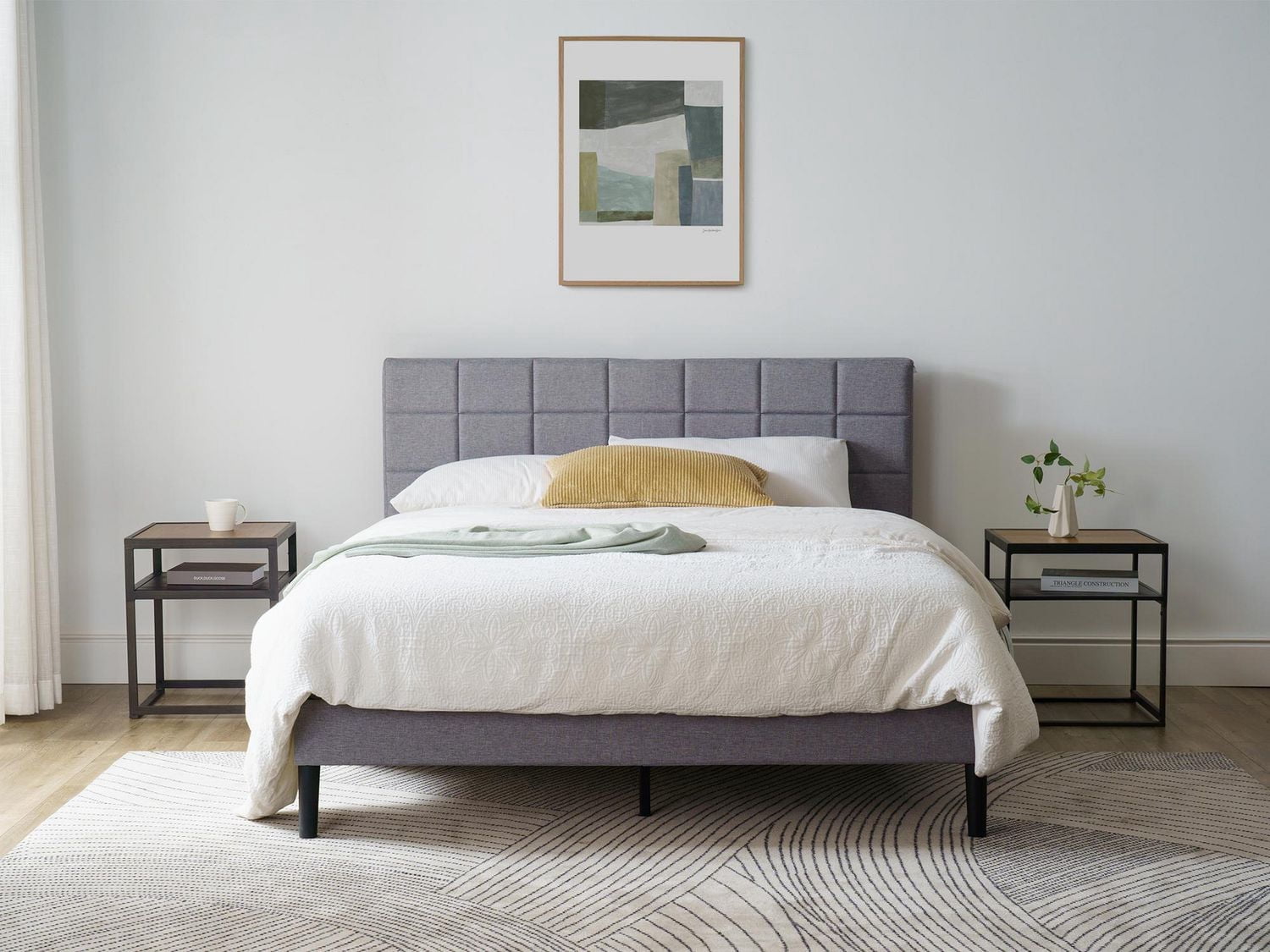 Mainstays Upholstered Full Platform Bed Frame with Square Stitch Height Adjustable Headboard, Grey